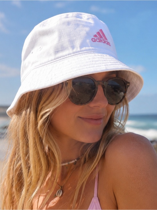 adidas Accessories - Adidas White Bucket Hat with pink Adidas logo.